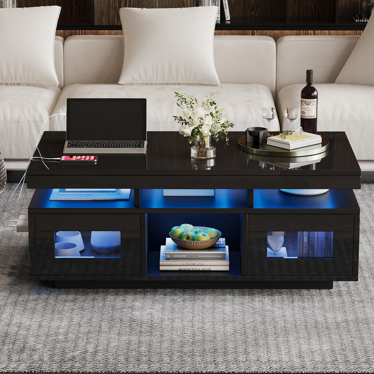 COUCHTISCH 100/50/43 cm Schwarz aus Spanplatte mit LED-Beleuchtung und Steckdose - Schwarz, Holzwerkstoff (100/50/43cm) - OKWISH