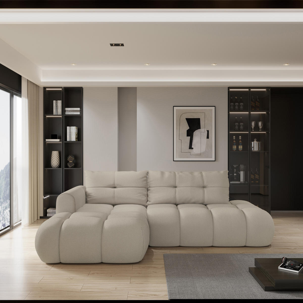 ECKSOFA FLUMA L-S Beige Geflochtener Stoff mit Schlaffunktion - Beige, Holz (274/165cm) - MASSENO