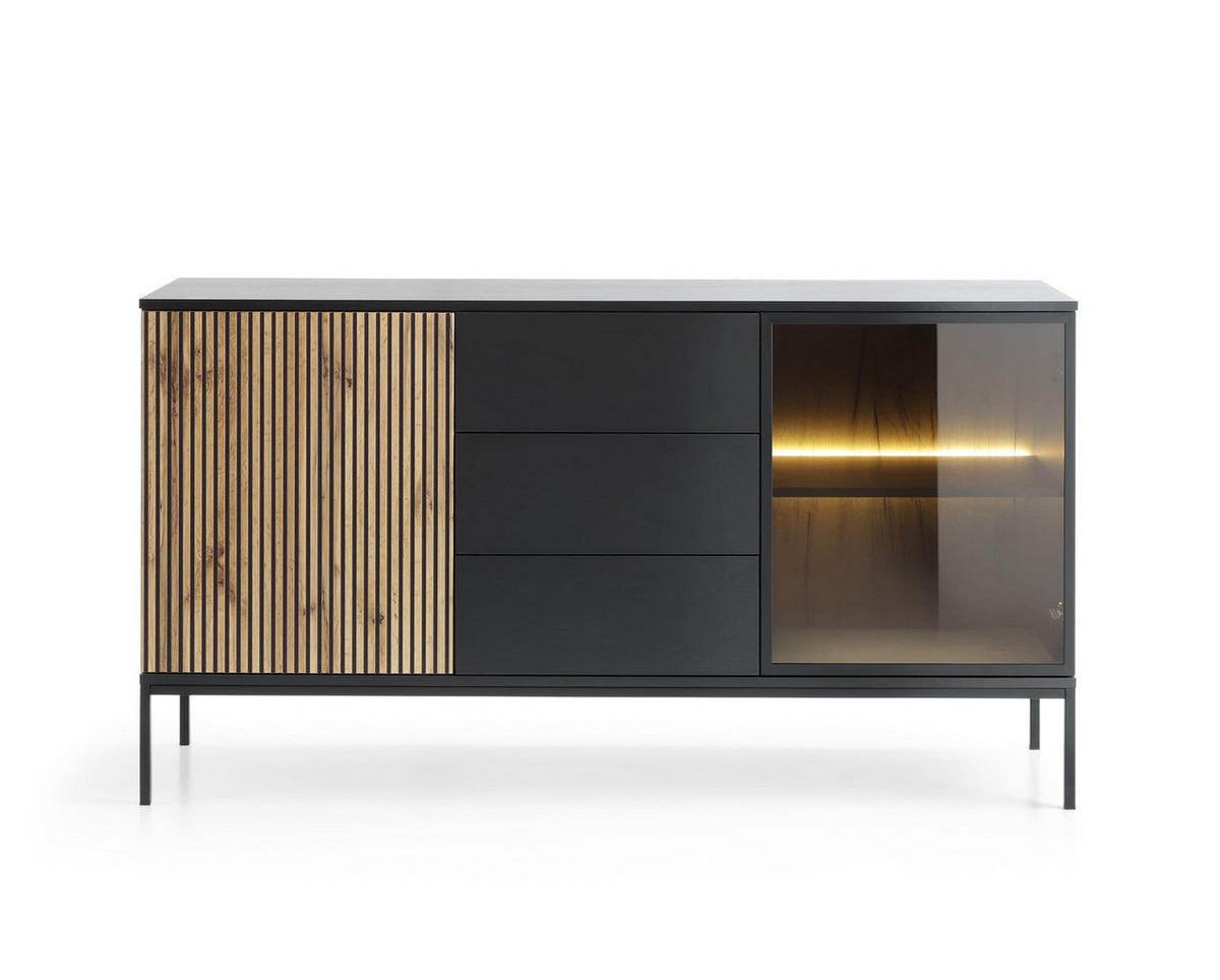 KOMMODE - Sentino SSZ154 LED - Schwarz, Holzwerkstoff/Metall (154/83/39cm) - Möblo