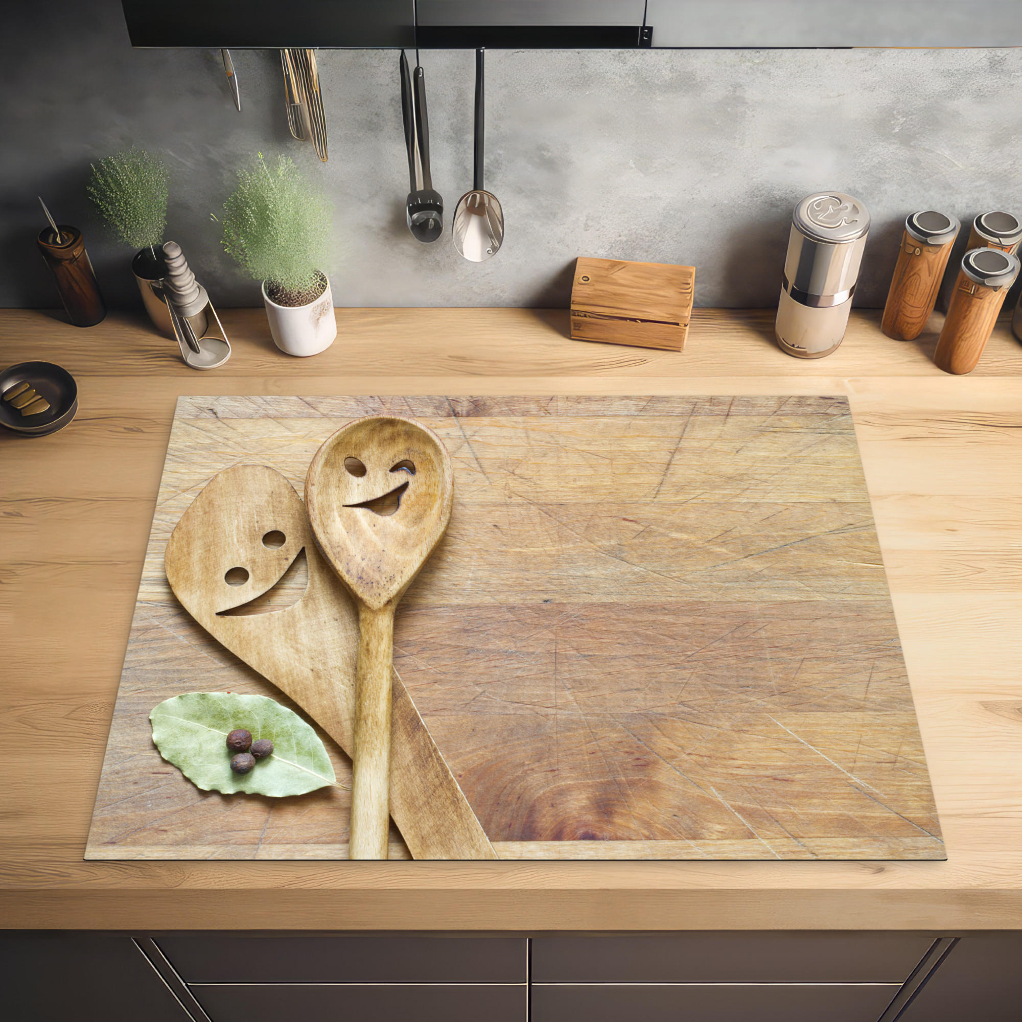 HERDABDECKPLATTE Holz - Löffel - Braun - Smiley 77x59 cm - Hellbraun, Kunststoff (77/0.2/59cm) - MuchoWow