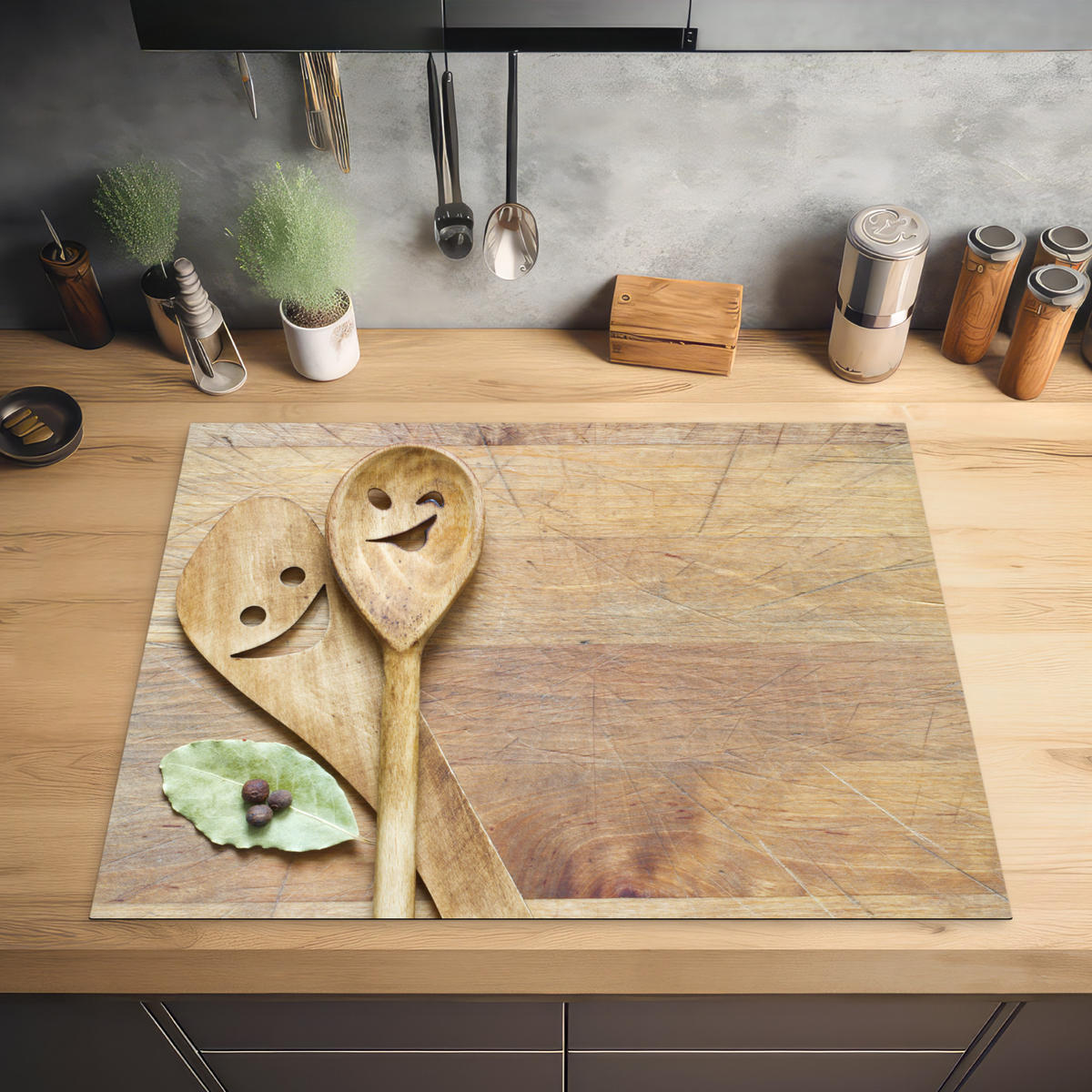 HERDABDECKPLATTE Holz - Löffel - Braun - Smiley 77x59 cm - Hellbraun, Kunststoff (77/0.2/59cm) - MuchoWow