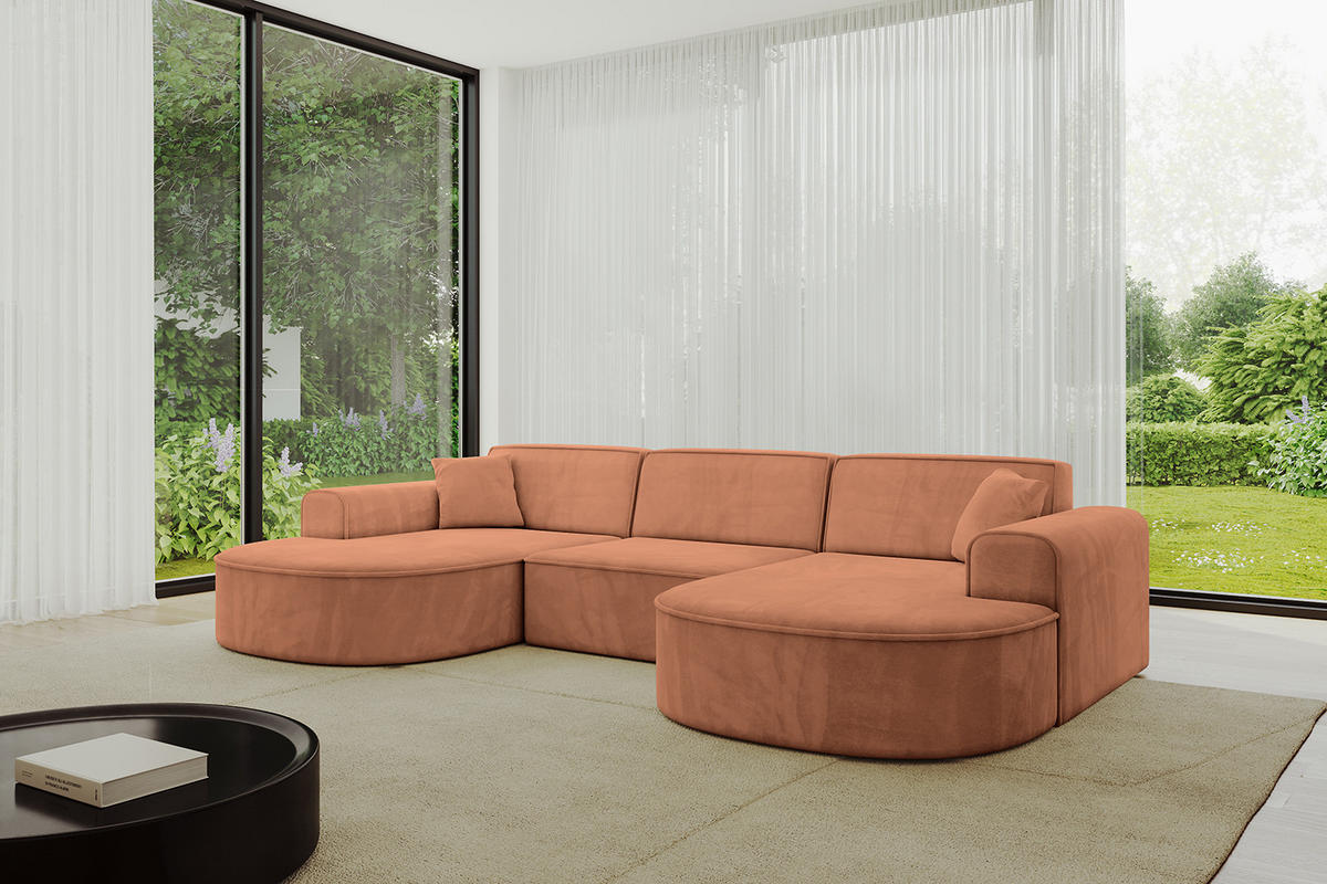 WOHNLANDSCHAFT MARI-U1 - 303x171x79 cm Orange Velours - Schwarz/Orange, Holzwerkstoff/Kunststoff (303/79/171cm) - ALTDECOR