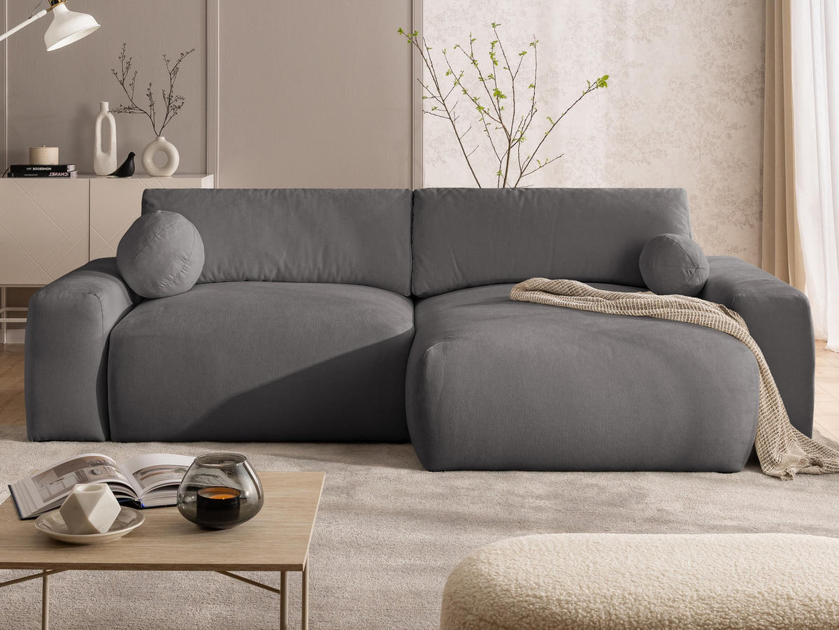 ECKSOFA Puffy mit Schlaffunktion und Bettkasten - besonders weich und puffig aus Taupe Webstoff - Ottomane rechts - Taupe/Schwarz, Holz/Kunststoff (266/138cm) - S-Style Möbel