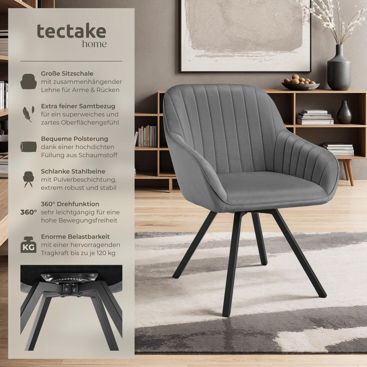 ARMLEHNSTUHL drehbarer 4er Set Snug 58 x 58 x 82 cm grau - Grau, Textil (58/82/58cm) - tectake