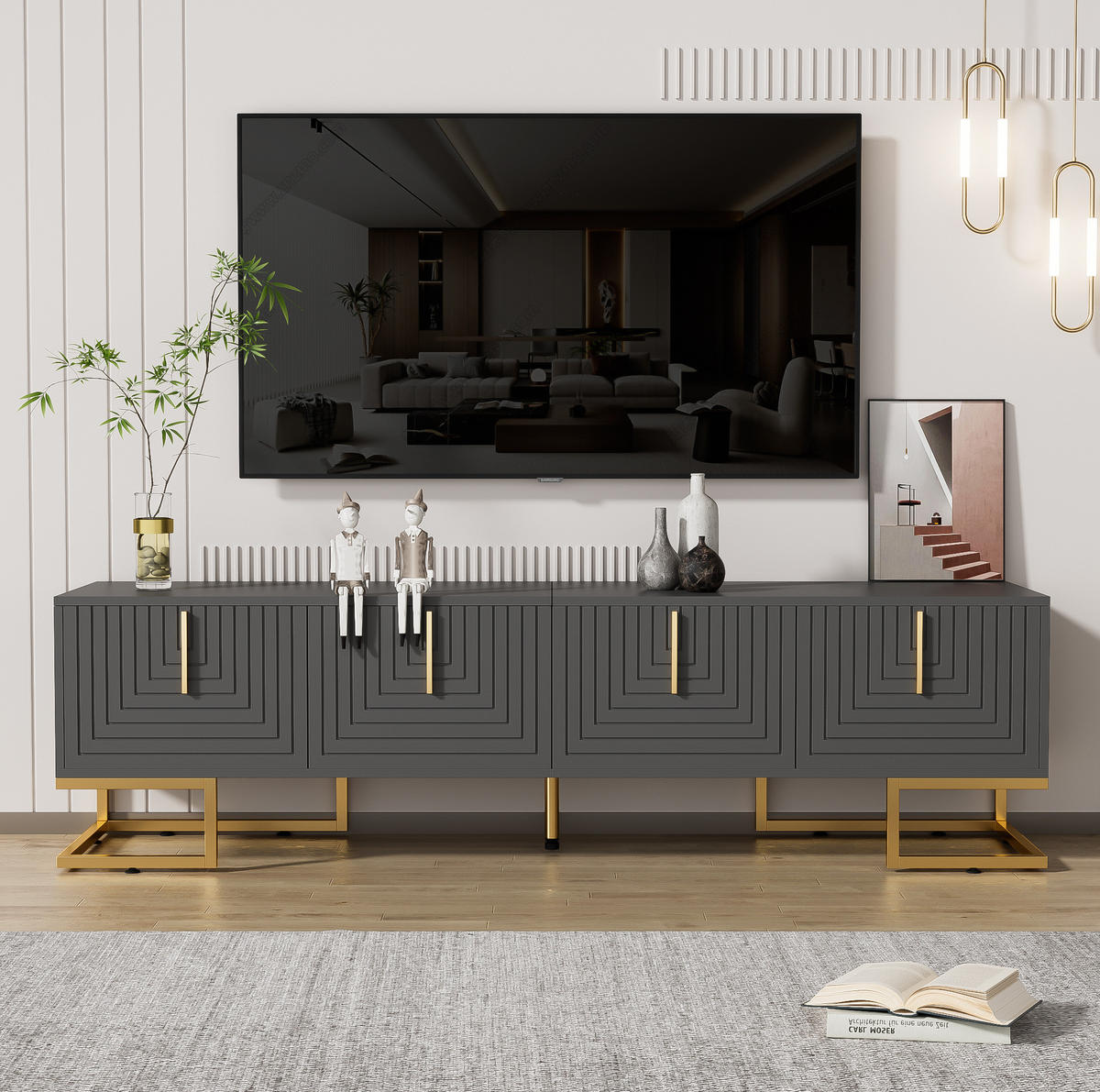 TV ormarić 170/40/45,5 cm sivo-crni od iverala s 4 vrata i zlatnim nogama - siva, drvni materijal (170/45.5/40cm) - OKWISH