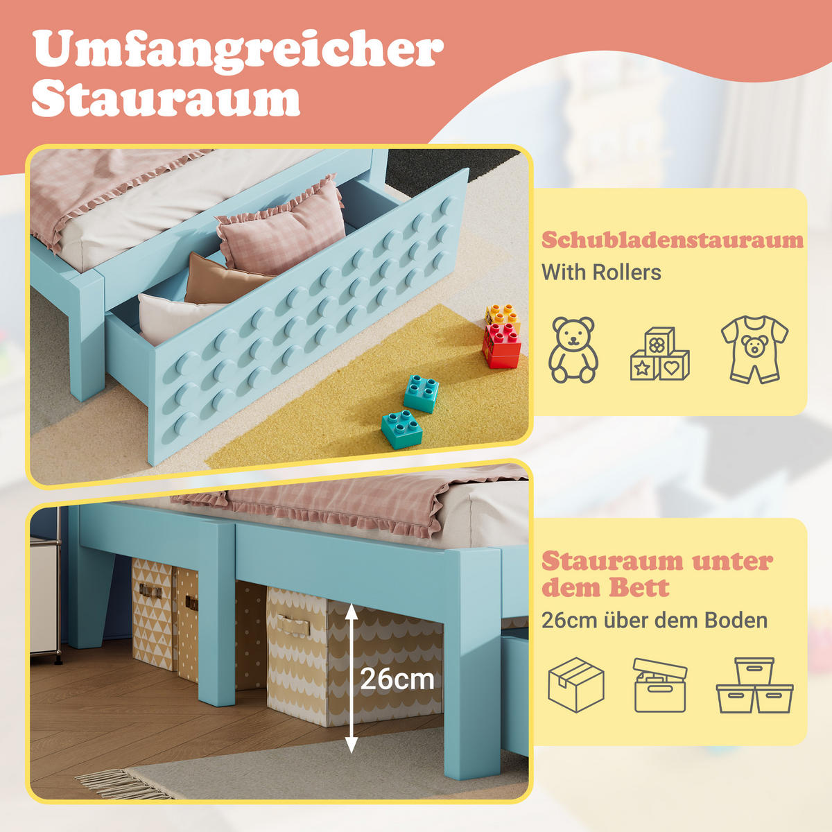 KINDERBETT 90/200 cm blau Kinderbett mit Stauraum und Lattenrost - Blau, Holz (90/200cm) - OKWISH