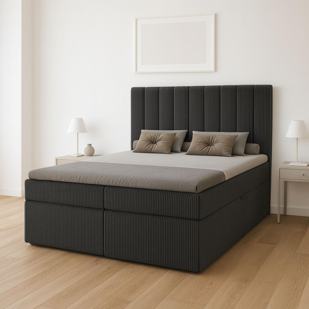 BOXBETT Nero mit 2 Bettkästen, 140x200, Farbe: Dunkelgrau, Cordstoff, Doppelbett mit Bonell-Matratze inkl. Topper - Dunkelgrau, Holz/Kunststoff (140/200cm) - Marpur