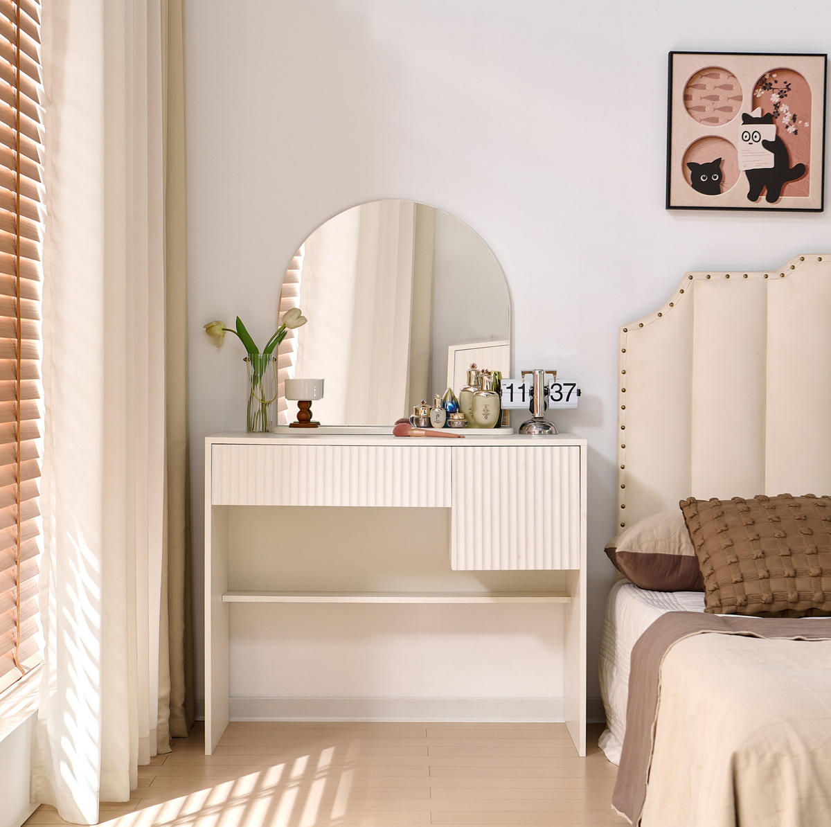 SCHMINKTISCH aus MDF 90x40x135 cm Weiß mit Spiegel, 2 Schubladen und Ablage - Weiß, Holzwerkstoff (90/135/40cm) - Modfu