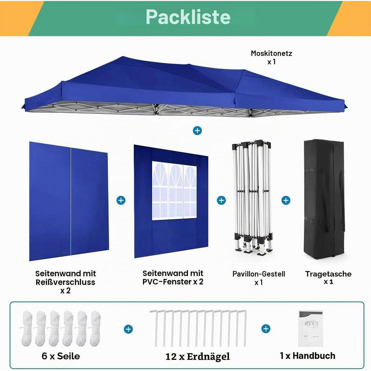 FALTPAVILLON 3 x 6 m wasserdicht mit 6 Seitenwänden Navy Blau - Blau, Textil (300/275/600cm)