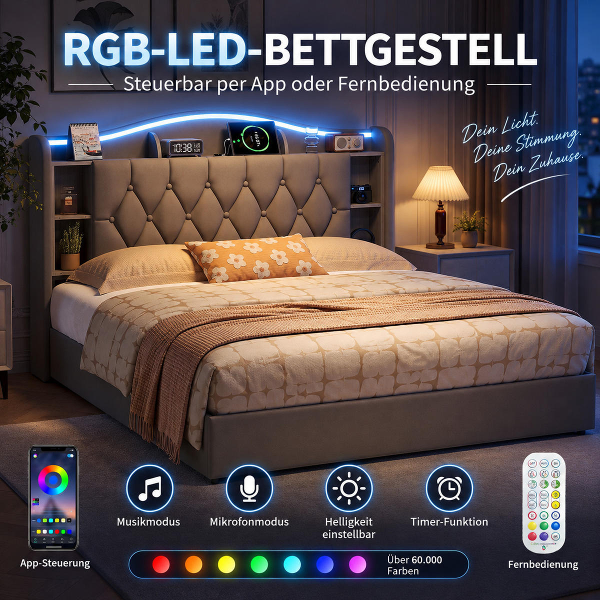 POLSTERBETT 140/190 cm mit Stauraum-Bettkasten, Ablagekopfteil mit Seitenfächern, mehrfarbigem LED-Licht & USB-Anschluss, grauer Stoffbezug - Grau, Holz/Metall (140/190cm) - Joyfair