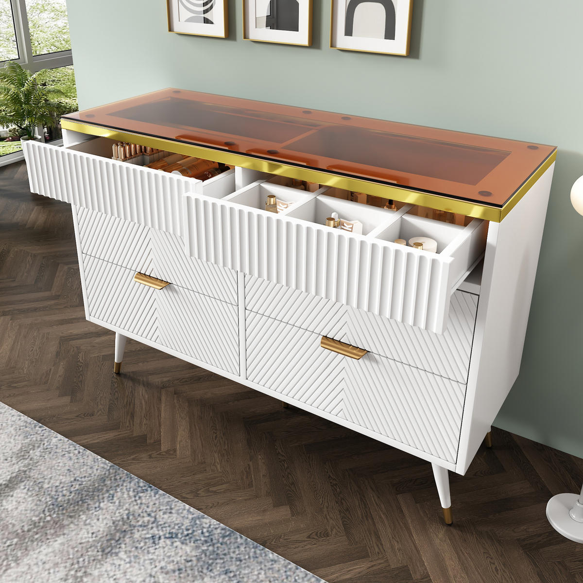 KOMMODE in Weiß Sideboard aus Bernstein Glas mit Schubladen für Wohnzimmer und Schlafzimmer, B120/T40/H76 cm - Weiß, Holzwerkstoff/Metall (120/76/40cm) - STILVORA