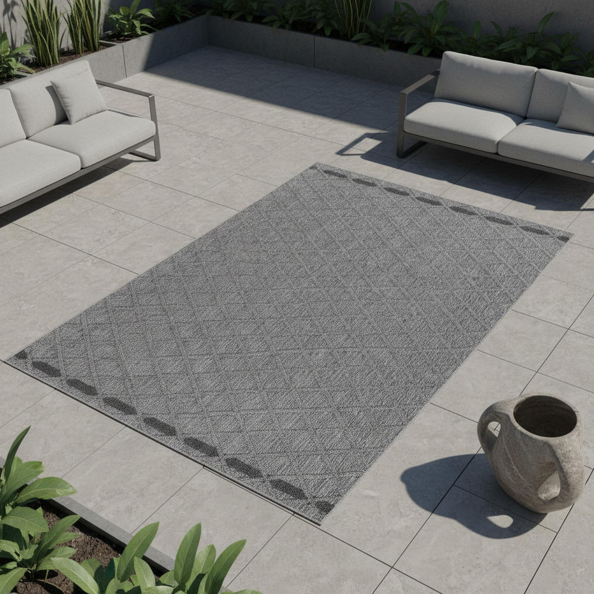 TEPPICH Outdoor Flachgewebe Rauten-Muster Polypropylen Balkon Grau Rechteckig 200x290 - Grau, Textil (200/290cm) - KADIMA DESIGN