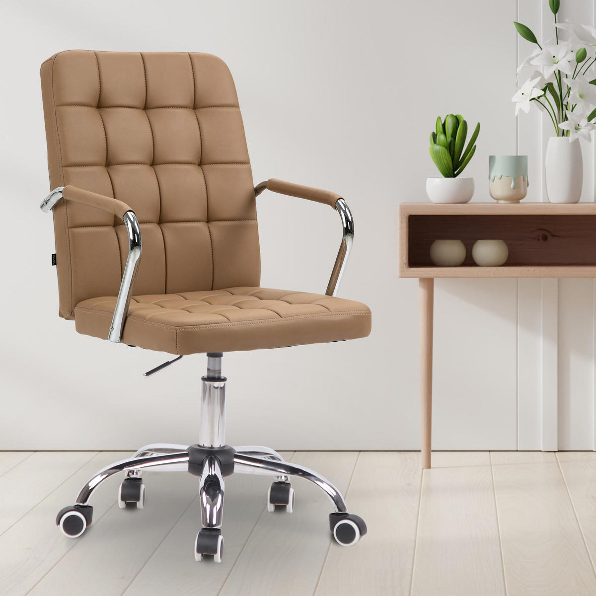 DREHSTUHL Lederlook hellbraun - Chromfarben/Hellbraun, Textil/Metall (56/93/60cm) - CLP