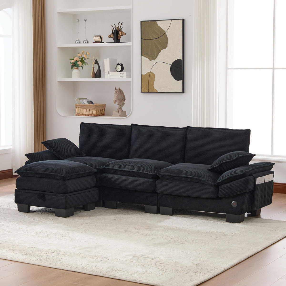 SOFA modular 3-Sitzer mit Hocker USB-C Cord Schwarz - Schwarz, Textil (260/132cm) - IVMEU