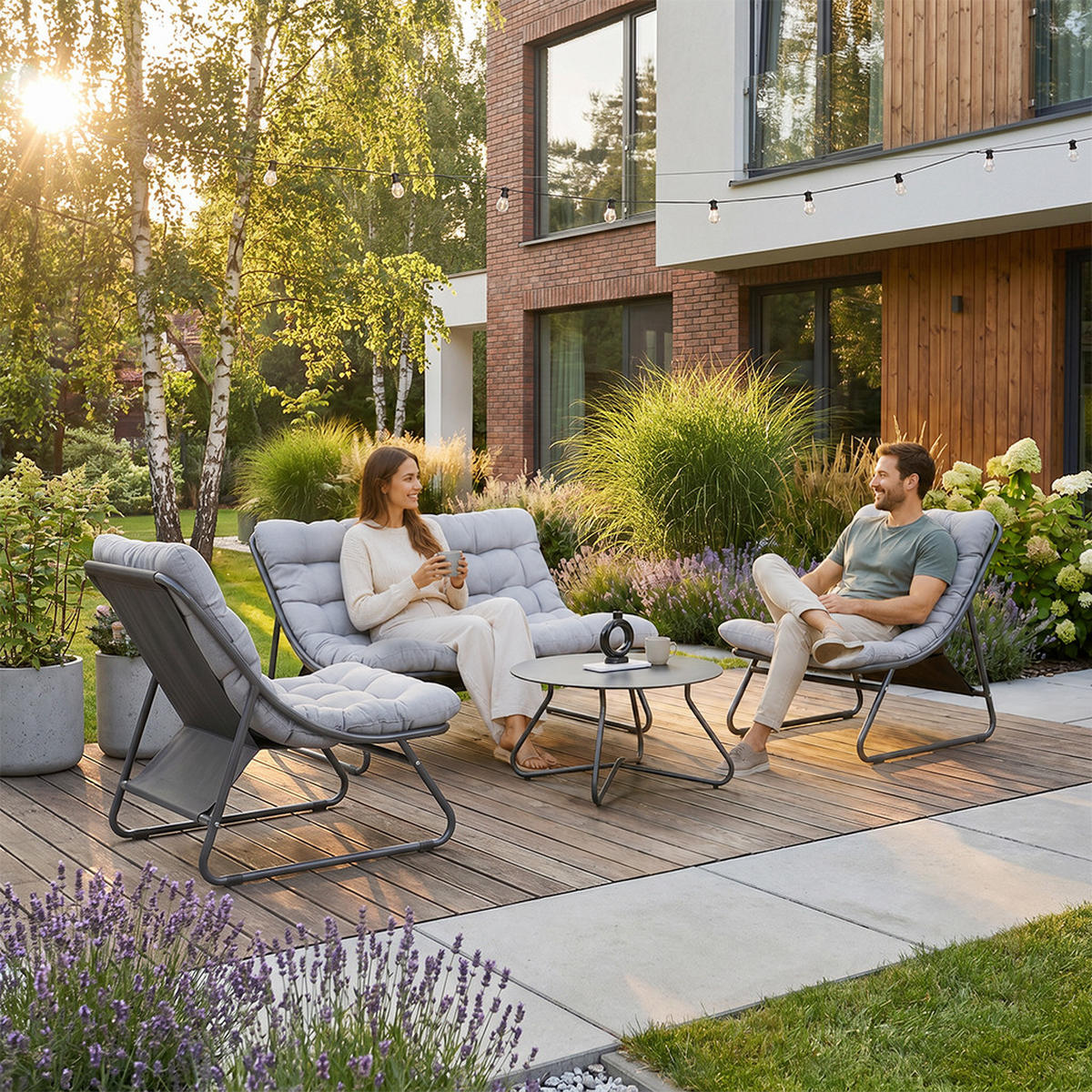 GARTENSET Solaro , aus Metall, 2 Sessel + 2-Sitzer Sofa + Couchtisch, Hellgrau - Hellgrau, Metall - Beautysofa