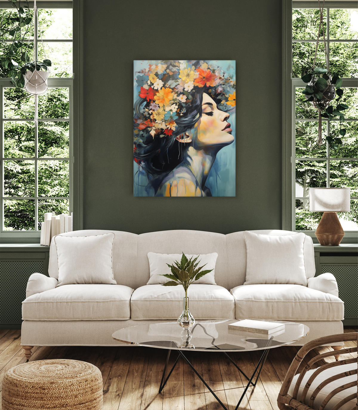 LEINWANDBILD Frau Porträt Gesicht Blumen 50x70 - Blau/Beige, Textil (50/70cm) - Muralo