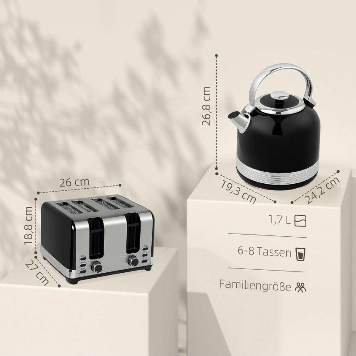 WASSERKOCHER-TOASTER , Retro Design, Edelstahl, Schwarz, 24,2/19,3/26,8 cm - Schwarz, Kunststoff (19.3/26.8/24.2cm) - Rolipo
