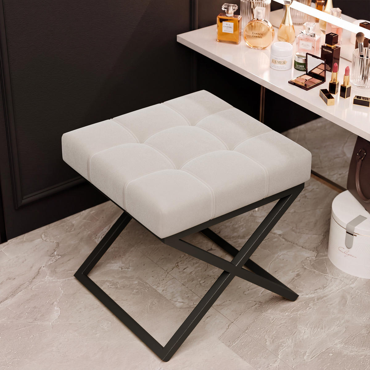 HOCKER LIND 45/45/45 cm, Schwarz / Hellbeige - Sandfarben/Schwarz, Textil/Metall (45/45/45cm) - Idohome