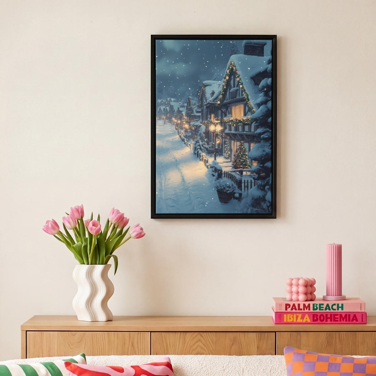 LEINWAND Bilder mit Rahmen - Weihnachtsdorf - Weihnachten - Schnee - Winter - 20x30 - Dunkelblau, Textil (20/30cm) - MuchoWow