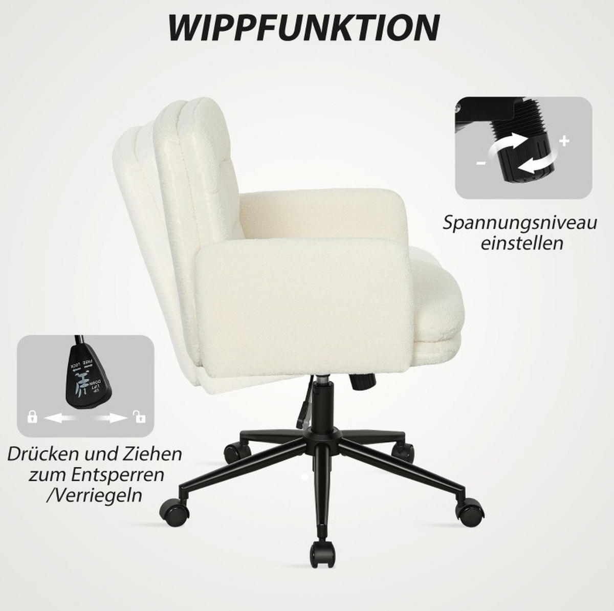 DREHSTUHL 65/61,5/91-101 cm cremeweiß aus Polyester mit Kippfunktion - Creme, Kunststoff (61.5/101/65cm) - OKWISH