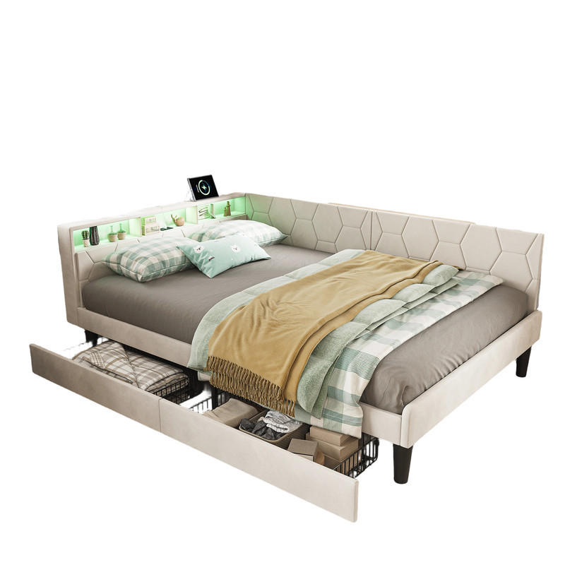 POLSTERBETT 140x200cm beige Samt, Schubladen, Bettkasten, LED, USB-C - Beige, Holz
