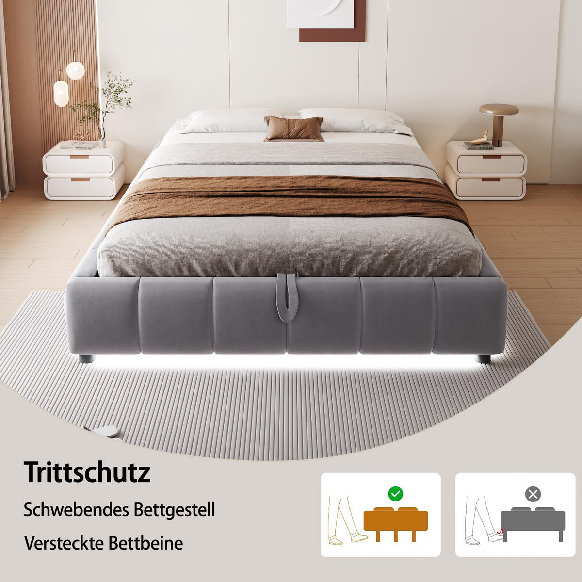 POLSTERBETT 140x200 Grau LED Stauraum - Grau, Textil (140/200cm) - FLIEKS