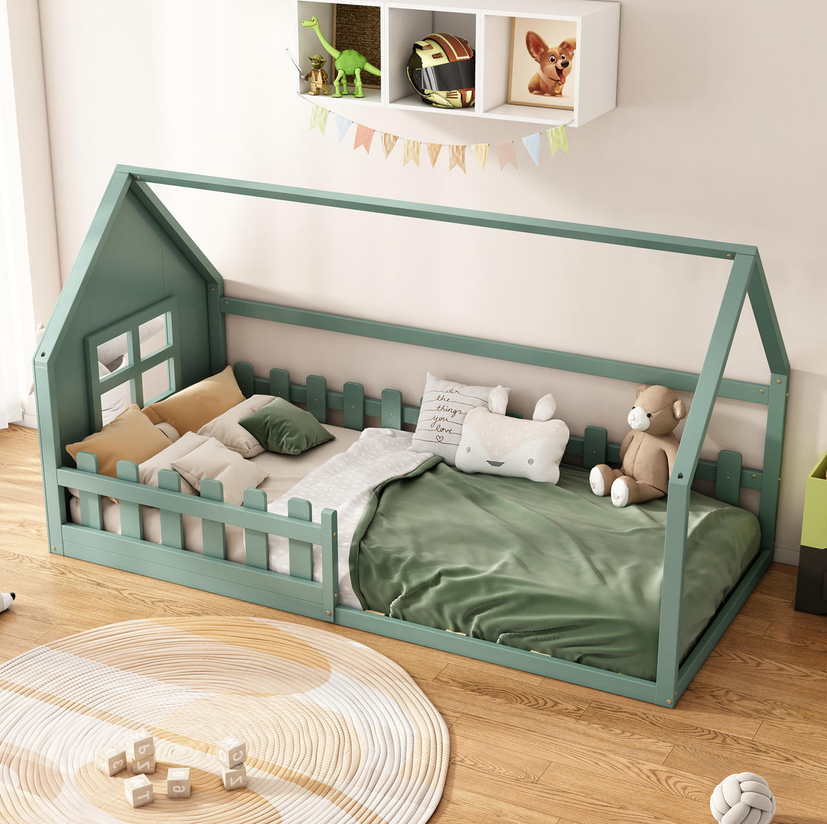 HAUSBETT 90/200 cm Grün aus Kiefer und MDF – Kinderbett im Hausdesign - Grün, Holz (90/200cm) - Flora Grace