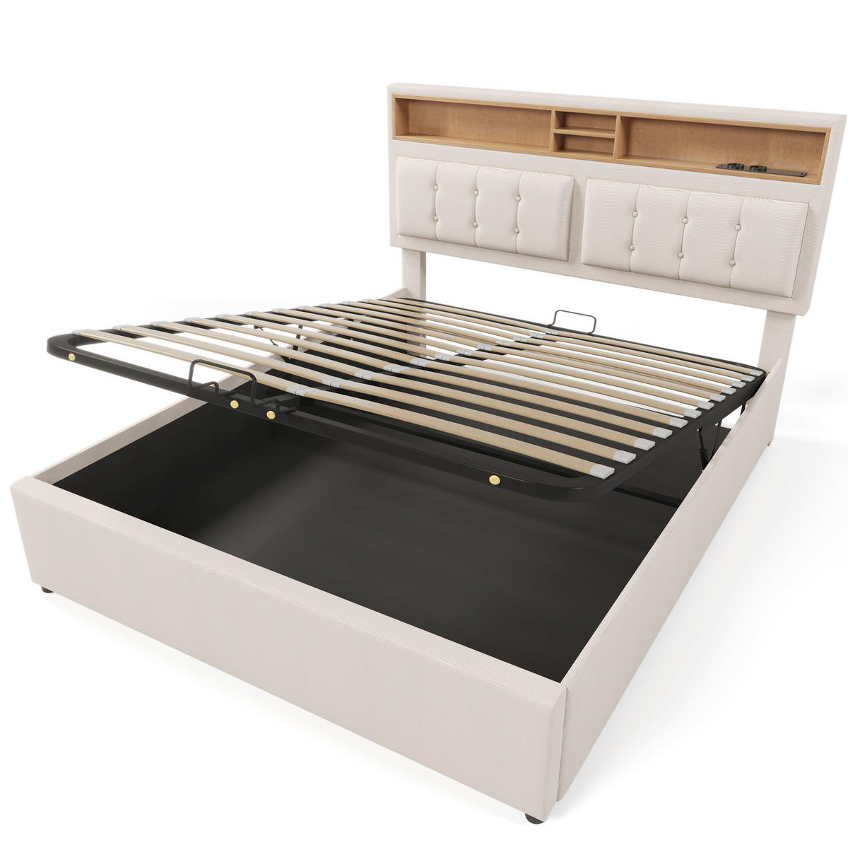 POLSTERBETT 140/200 cm Beige mit Stauraum, Matratze und USB- und Type-C-Anschlüssen - Beige, Textil (140/200cm) - Flora Grace