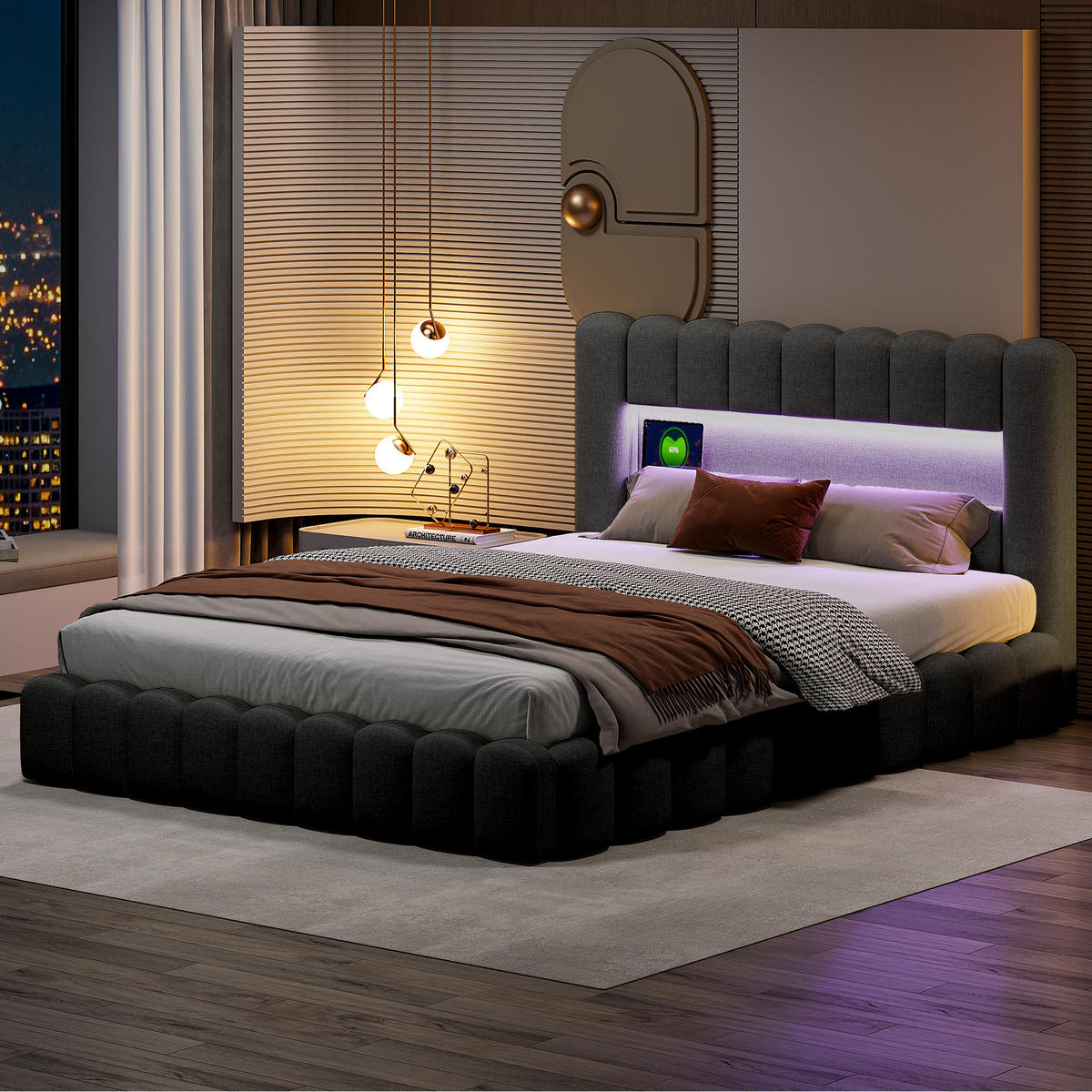 STAURAUMBETT 140x200 cm Doppelbett, mit USB-Anschluss und LED-Beleuchtung, Leinenstoff, Grau - Grau, Holz (140/200cm) - BRILVERDE