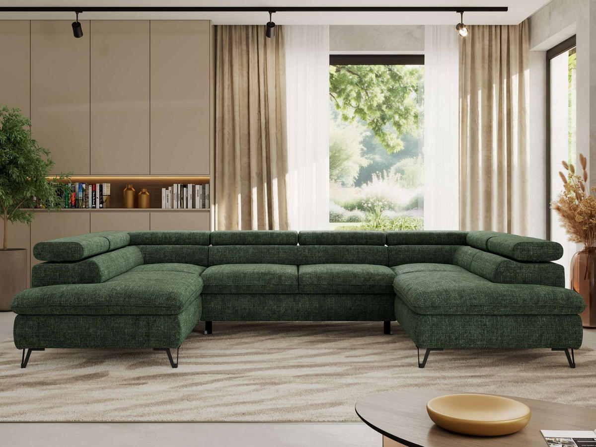 WOHNLANDSCHAFT PABLO U Schenille grob gewebt Dunkelgrün mit Topper Visco - Dunkelgrün/Schwarz, Textil/Metall (346/76/208cm) - MKS