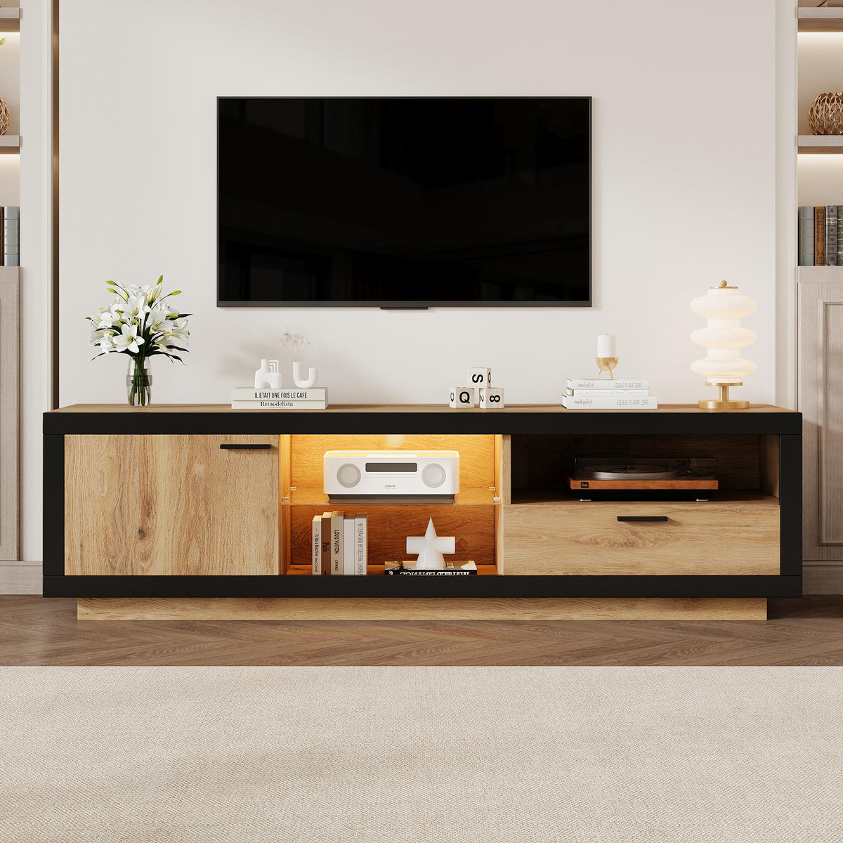 TV-LOWBOARD Led Schwarz-Eichenfarben 160/40/50 cm - Schwarz, Holz (160/50/40cm) - PANGIVO