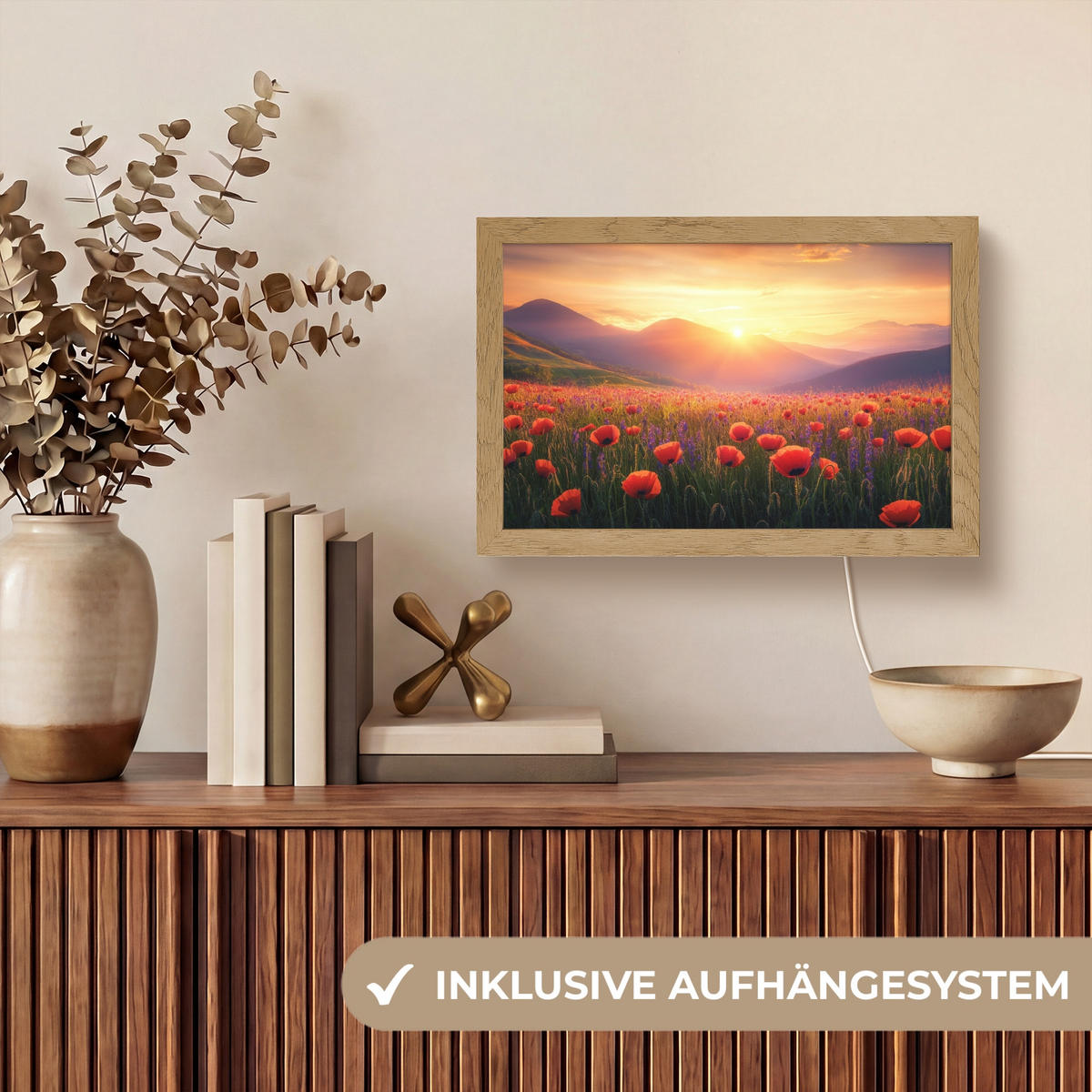 WANDLEUCHTE Landschaft - Sonnenuntergang - Blumenfeld 30x20 cm - Rot, Holzwerkstoff (30/20/8cm) - OnlyWow