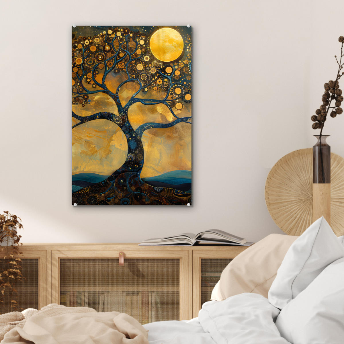 ACRYLGLASBILD Baum - Mond - Blumen - Gold - Kunst 40x60 cm - Orange, Glas (40/60cm) - MuchoWow