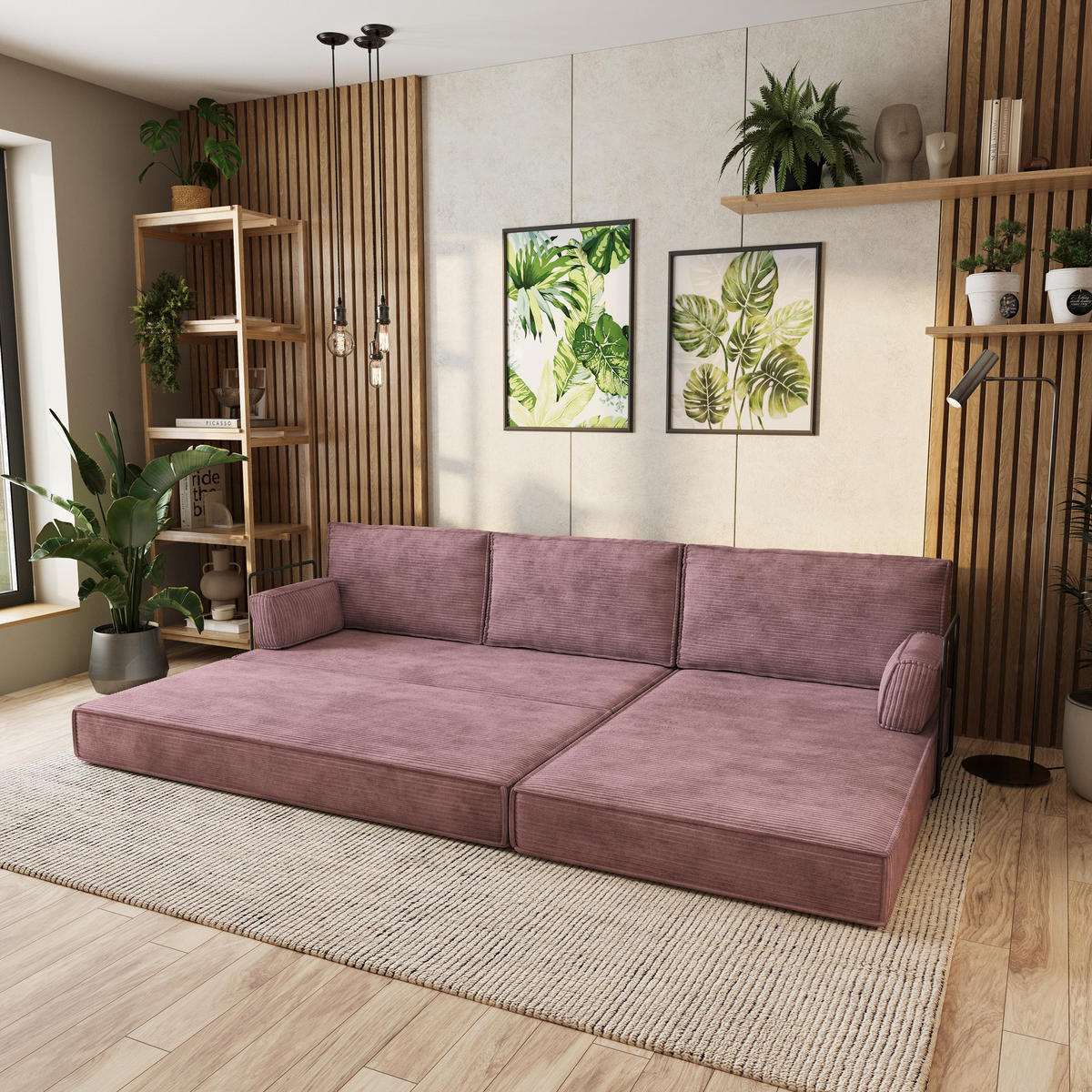 ECKSOFA ANKO modulares Boneless Sofa mit Schlaffunktion Lila Kordstoff - Lila, Textil (270/160cm) - MASSENO