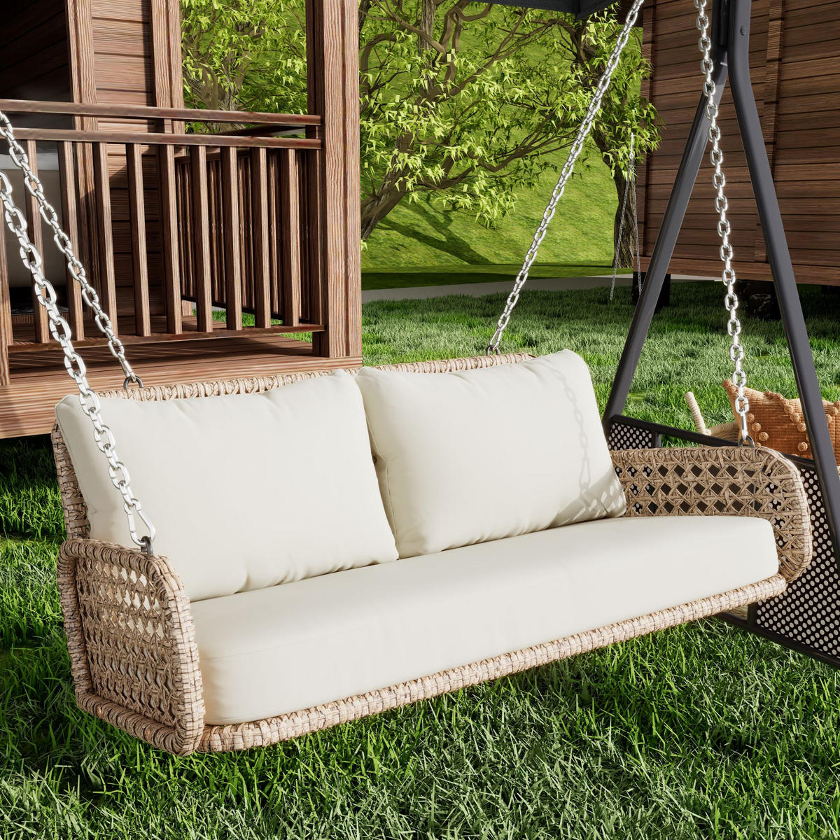 SCHAUKEL 2 Personen Beige PE-Rattan Belastbar 320 kg - Beige, Metall (56/23/113cm) - FLIEKS