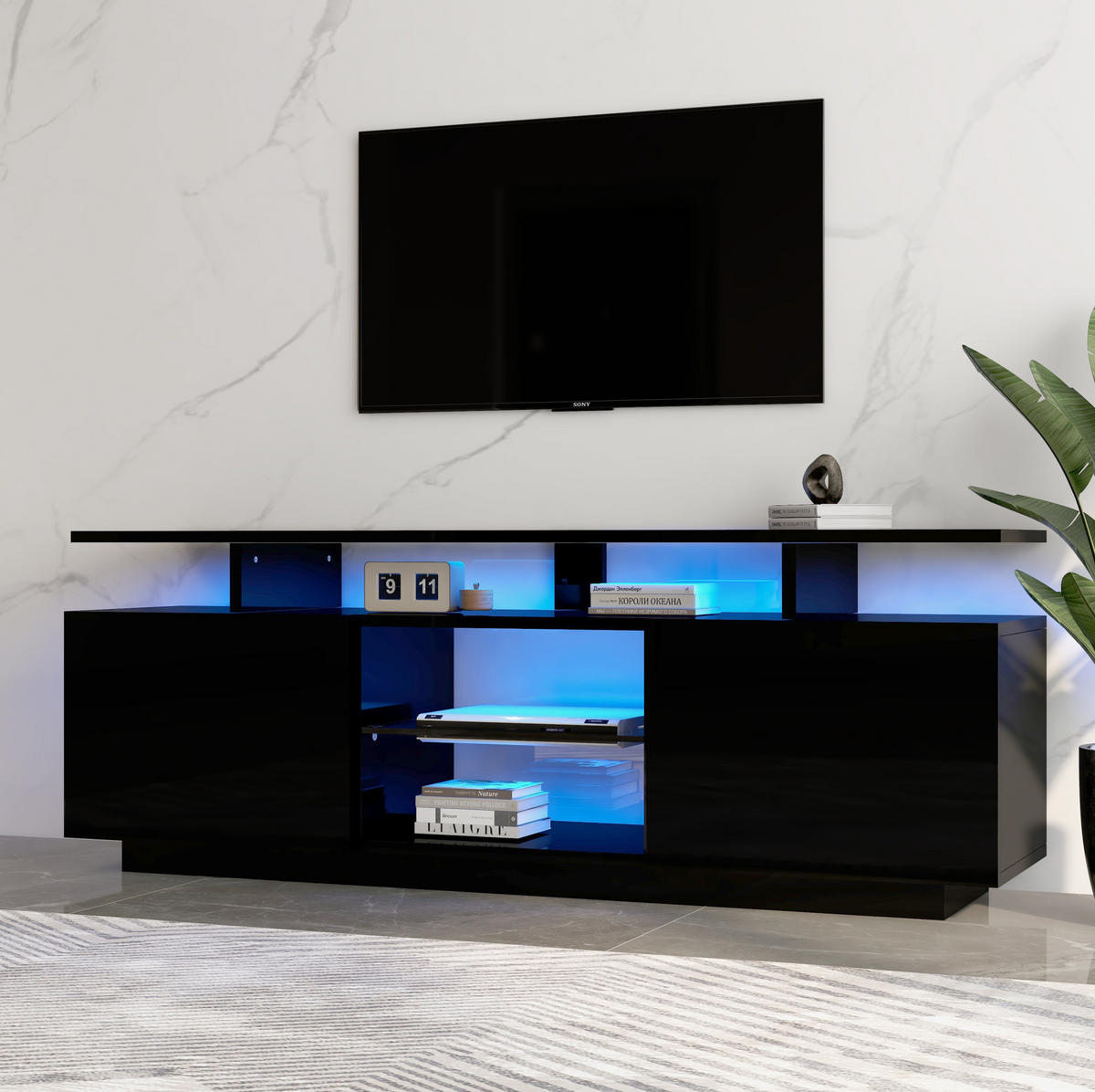 TV-LOWBOARD 140/35/55 cm mit LED-Beleuchtung und 2 Türen in Schwarz - Schwarz, Holzwerkstoff (140/55/35cm) - BEAOK