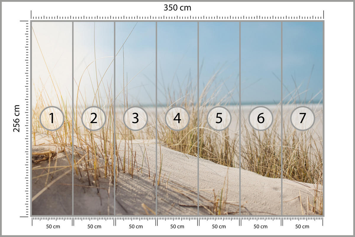 FOTOTAPETE für Schlafzimmer Dünen Sandstrand Gras Meerblick 350x256 - Blau/Gelb, Papier (350/256cm) - Muralo