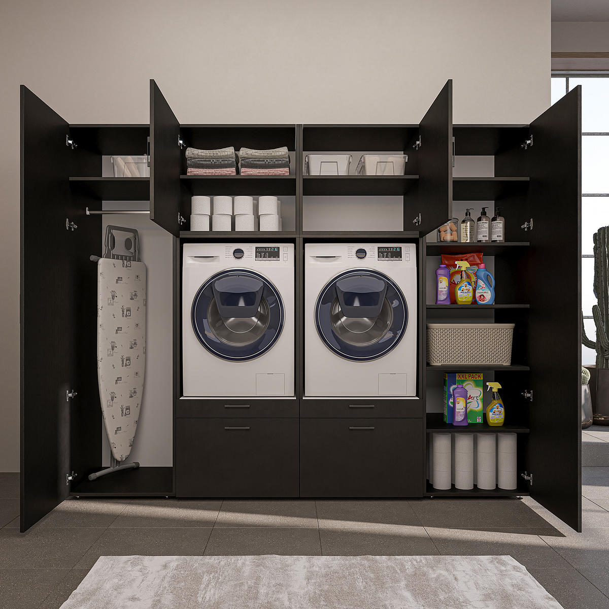 WASCHMASCHINENSCHRANK Serie 2 254cm Breit, 205cm Hoch - Schwarz, Holzwerkstoff (254/205/67cm)