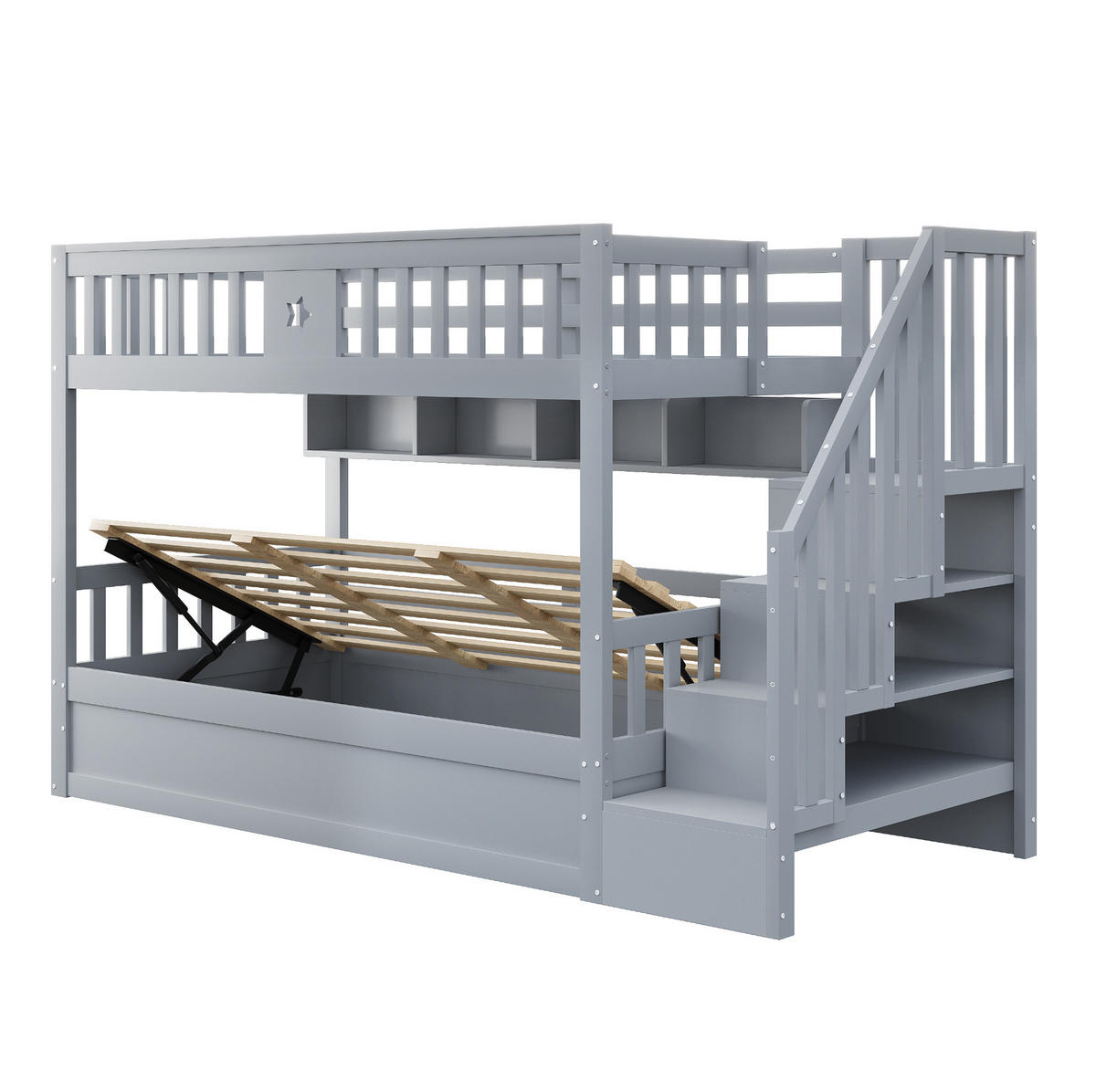 HOCHBETT 90/200 cm aus Holz mit Stauraumtreppe, Regal und Leiter, Grau - Grau, Holz (90/200cm) - OKMYHOME