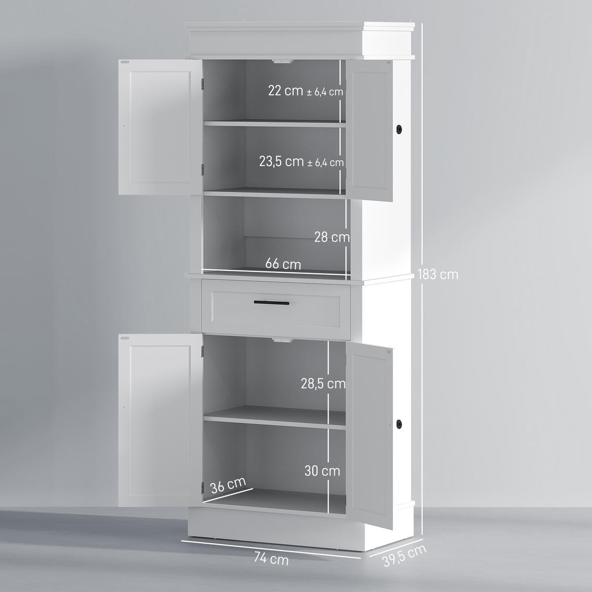 KÜCHENSCHRANK Weiß, 4 Türen, 1 Schublade, 74/39,5/183 cm - Weiß, Holzwerkstoff (74/183/39.5cm) - PANGIVO