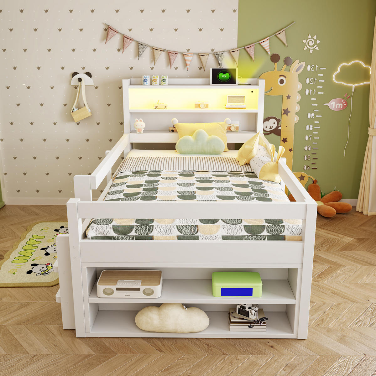 KINDERBETT 90/200 cm in Weiß Holz mit Stauraum, LED und USB - Weiß, Holz/Holzwerkstoff (90/200cm) - WISHDOR