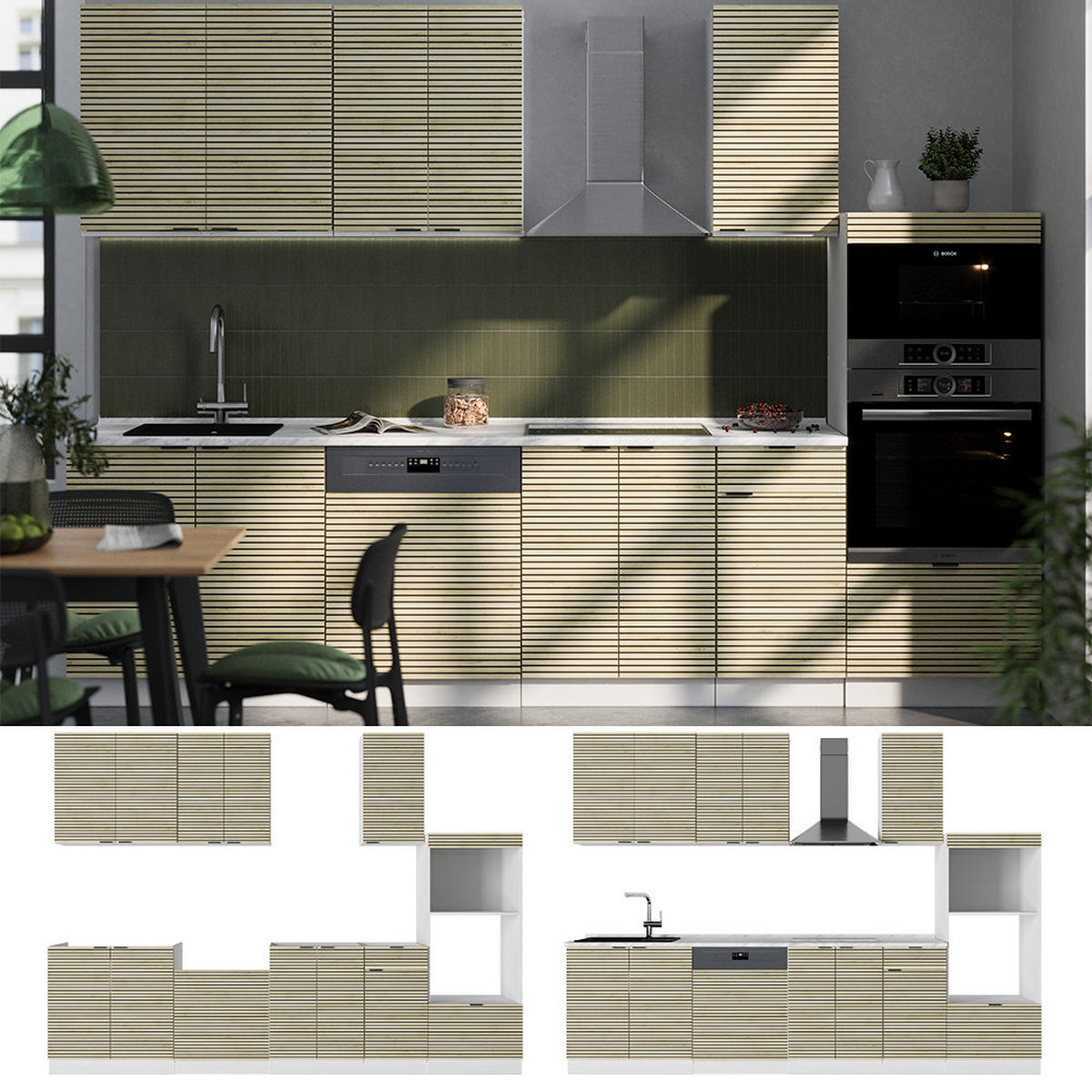 KÜCHENZEILE Fame-Line Eiche Paneel/Weiß 300 cm mit Hochschrank, ohne Arbeitsplatte - Hellbraun/Weiß, Holzwerkstoff (300/81.6/46cm) - Vicco