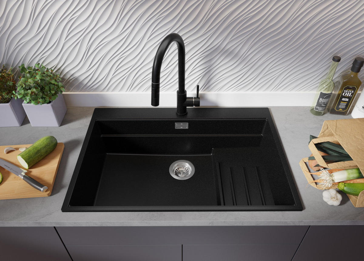 GRANITSPÜLE Oslo Max, 2-er set Schwarz 78/53 cm 1 Becken + Küchenarmatur 40/38 cm + Ablauf-Set + Küchenzubehörset ab 80er Unterschrank - Chromfarben/Beige, Kunststoff (78/20/53cm) - Primagran