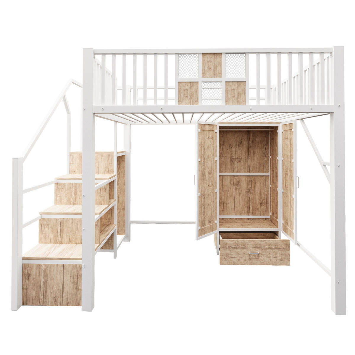 HOCHBETT 140/200 cm aus Metall und Holz mit Kleiderschrank und Aufbewahrungsleiter Weiß - Weiß, Metall (140/200cm) - Modenvie