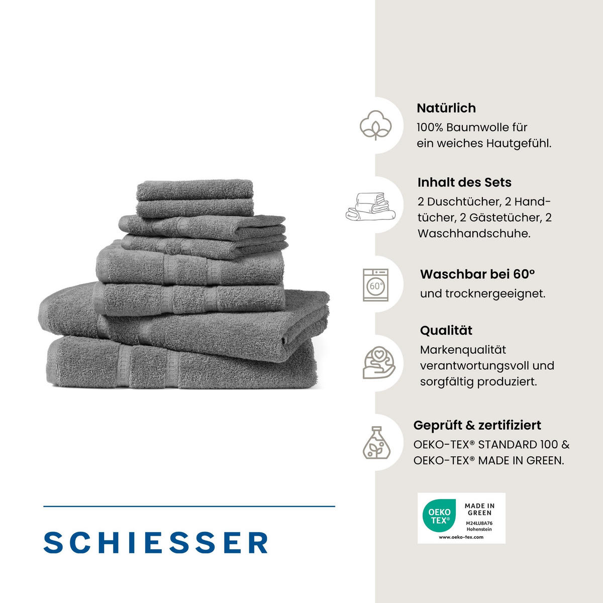 FROTTIERSET Las Palmas - 8-teilig - Anthrazit - Anthrazit, Textil (50/100cm) - SCHIESSER