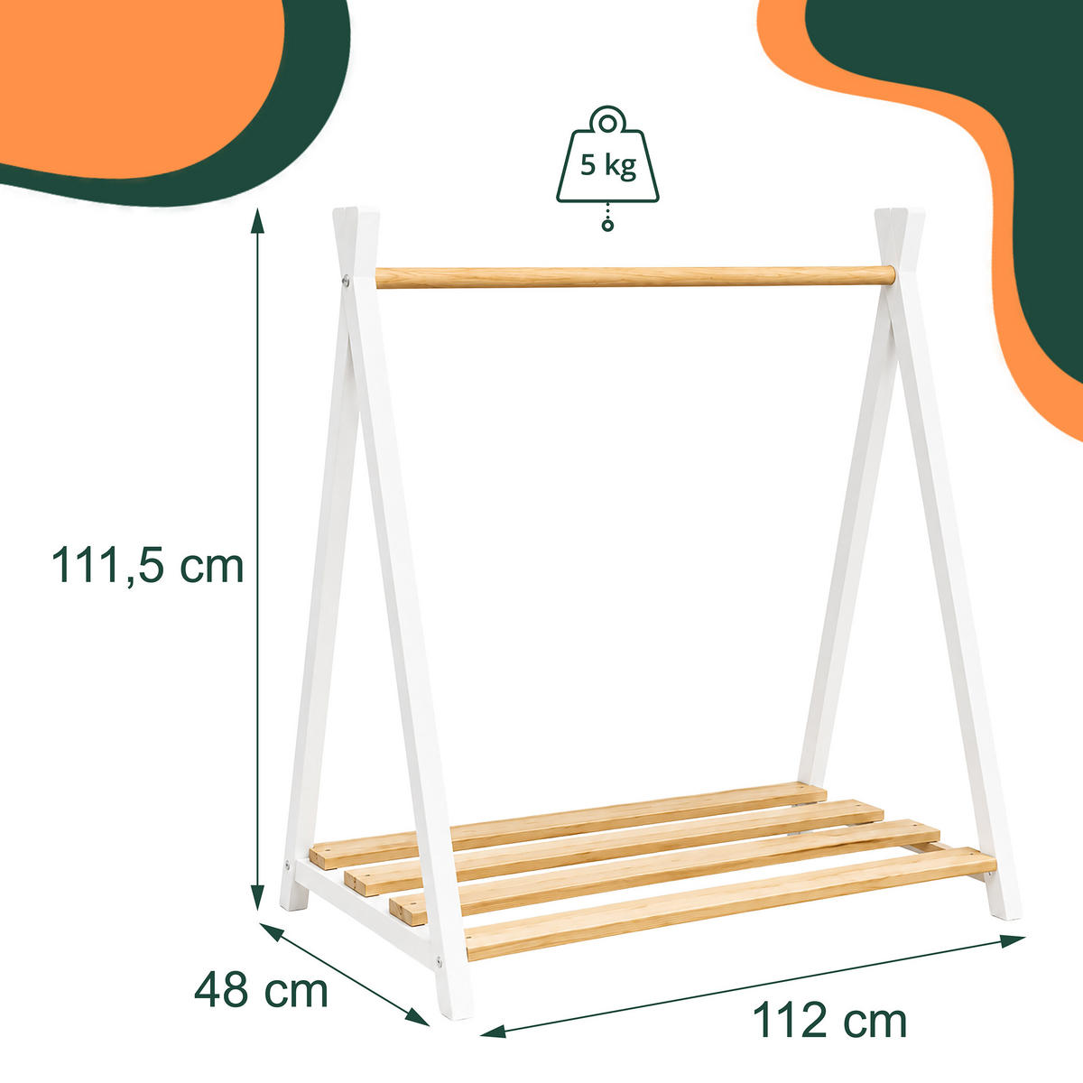 STOJAN na oděvy přírodní bílá borovicové dřevo pro děti - světle hnědá, dřevo (112/111.5/48cm) - Relaxdays