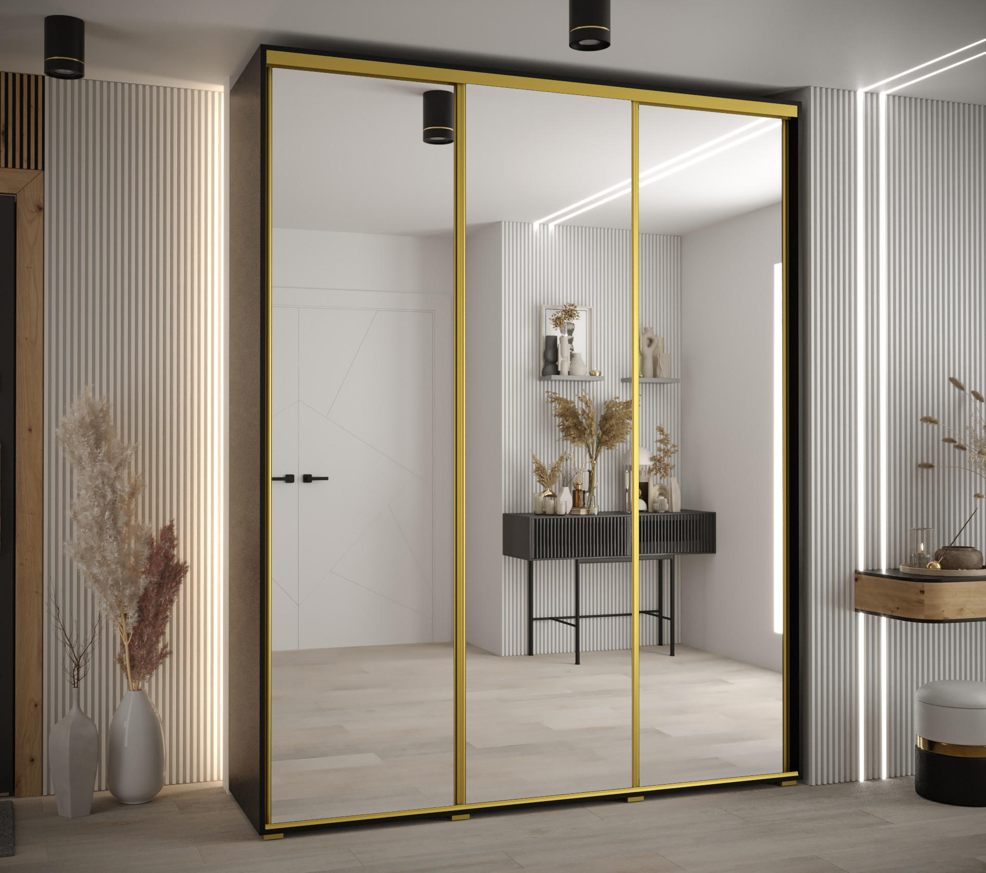 SCHWEBETÜRENSCHRANK 235,2/200/60 3-türig - Goldfarben/Schwarz, Holz/Metall (200/235/60cm) - Abiks Möbel