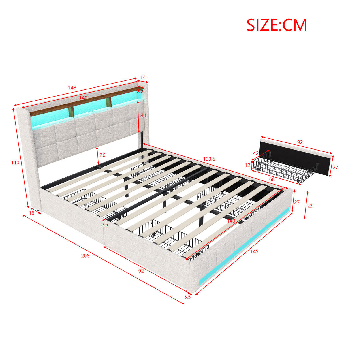FUNKTIONSBETT POLSTERBETT 140x190 cm, mit USB-Laden & Stauraum, Beige - Beige, Holz (140/190cm)