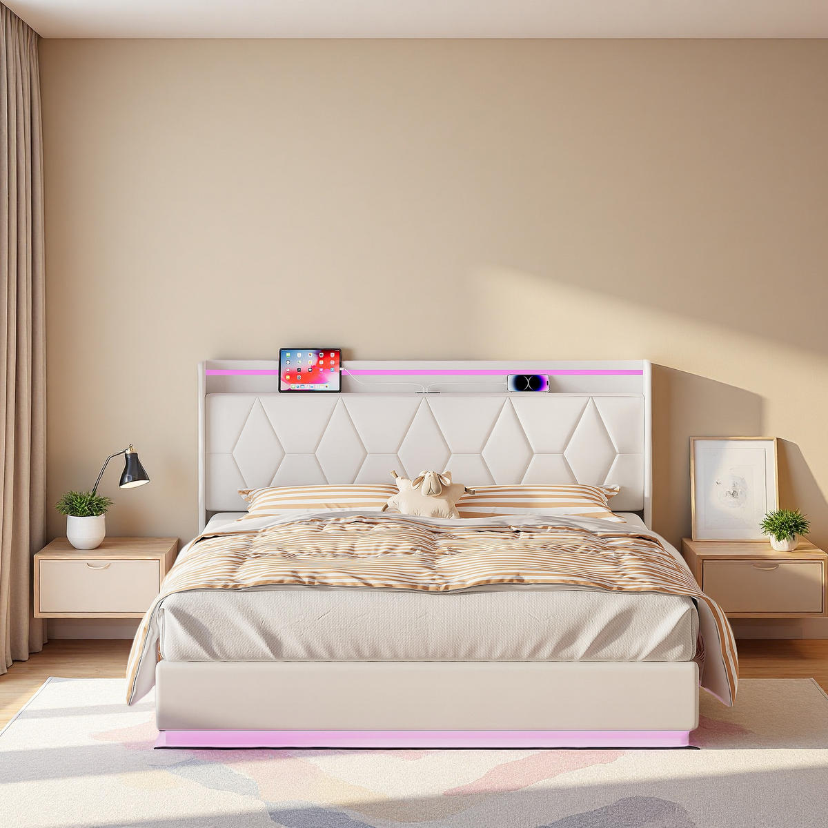 POLSTERBETT 160x200 cm Weiß Samt LED USB Stauraum - Weiß, Metall (160/200cm) - SHOPENTRA