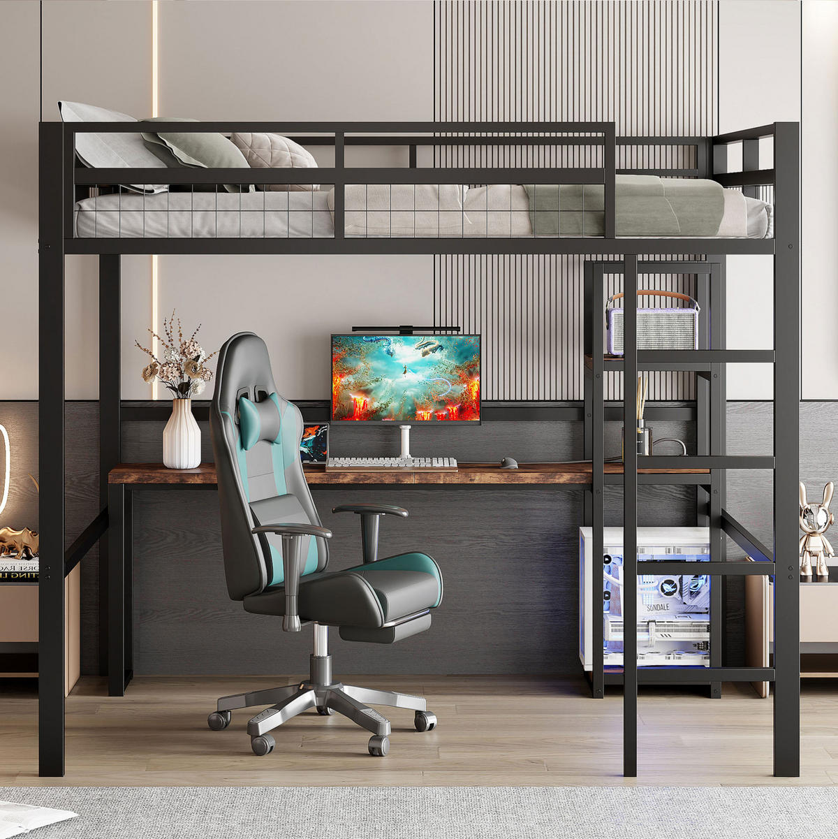 HOCHBETT mit Schreibtisch 140/200 cm in Schwarz – mit Regalen, Leiter und Rausfallschutz - Schwarz, Metall (140/200cm) - BEAOK
